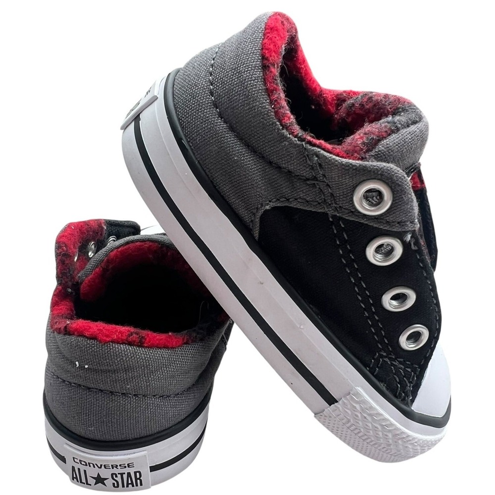 Converse All Star Low Top Toddler Sneakers Black/Red/Gray Size 4 plaid lining